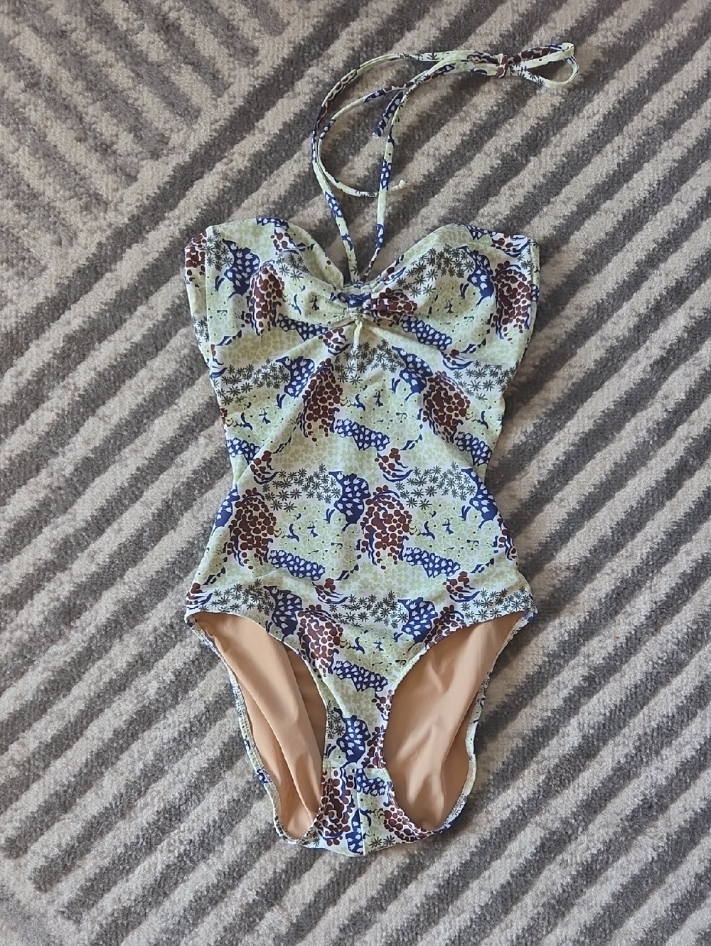 Floral Print Light Green One-Piece Swimsuit with Navy & Brown Accents